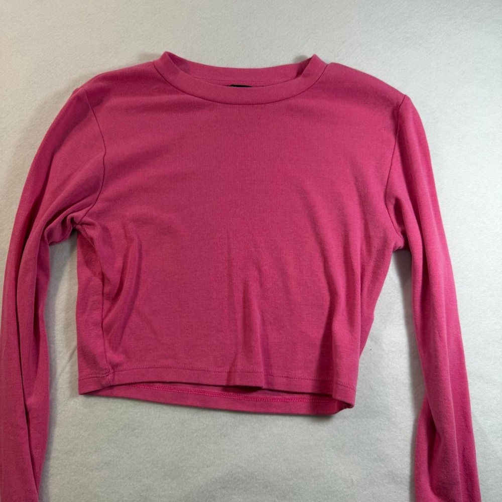 Zara Hot Pink Long Sleeve Cropped Fitted Top Size M Crew Neck Y2K Basic